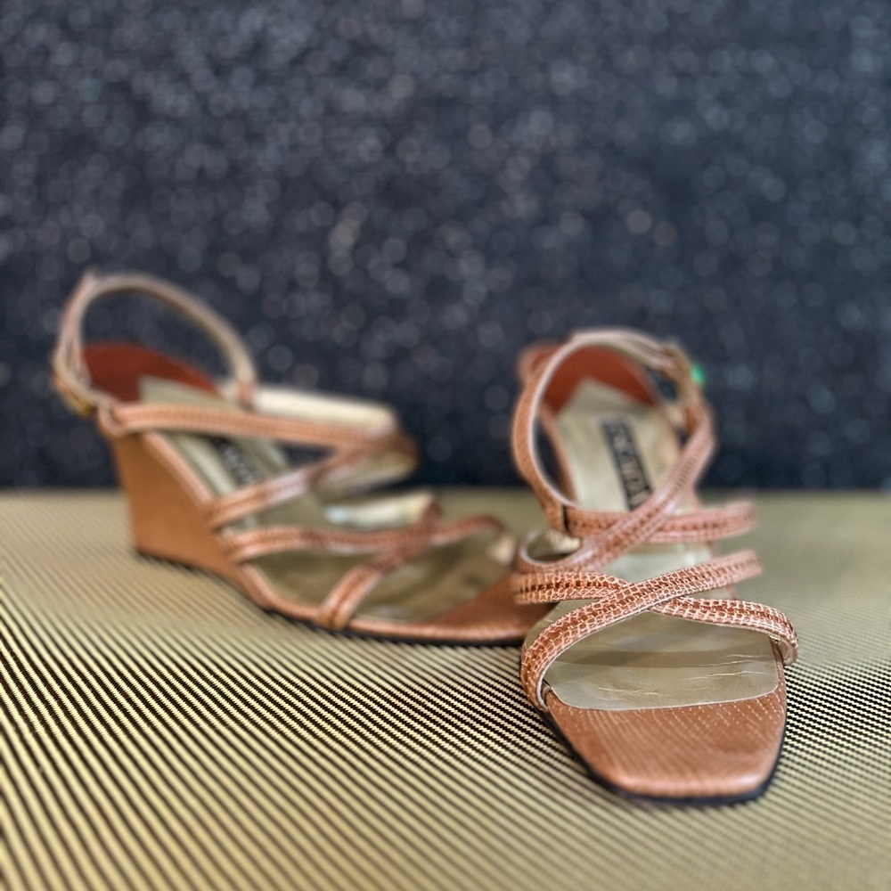 Vintage Rose Gold Escada Wedge Sandals with Strappy Design Size 7.5